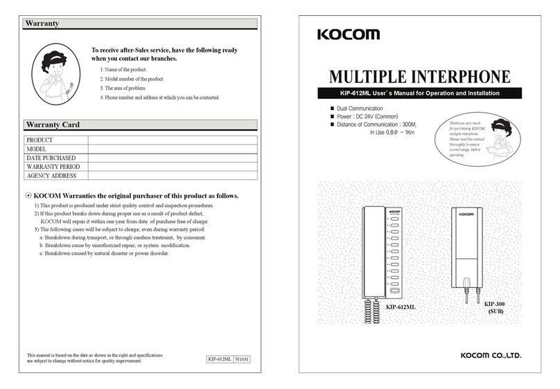 KOCOM KIP-612ML User's manual for operation and installation KOCOM KIP-612ML User's manual for operation and installation