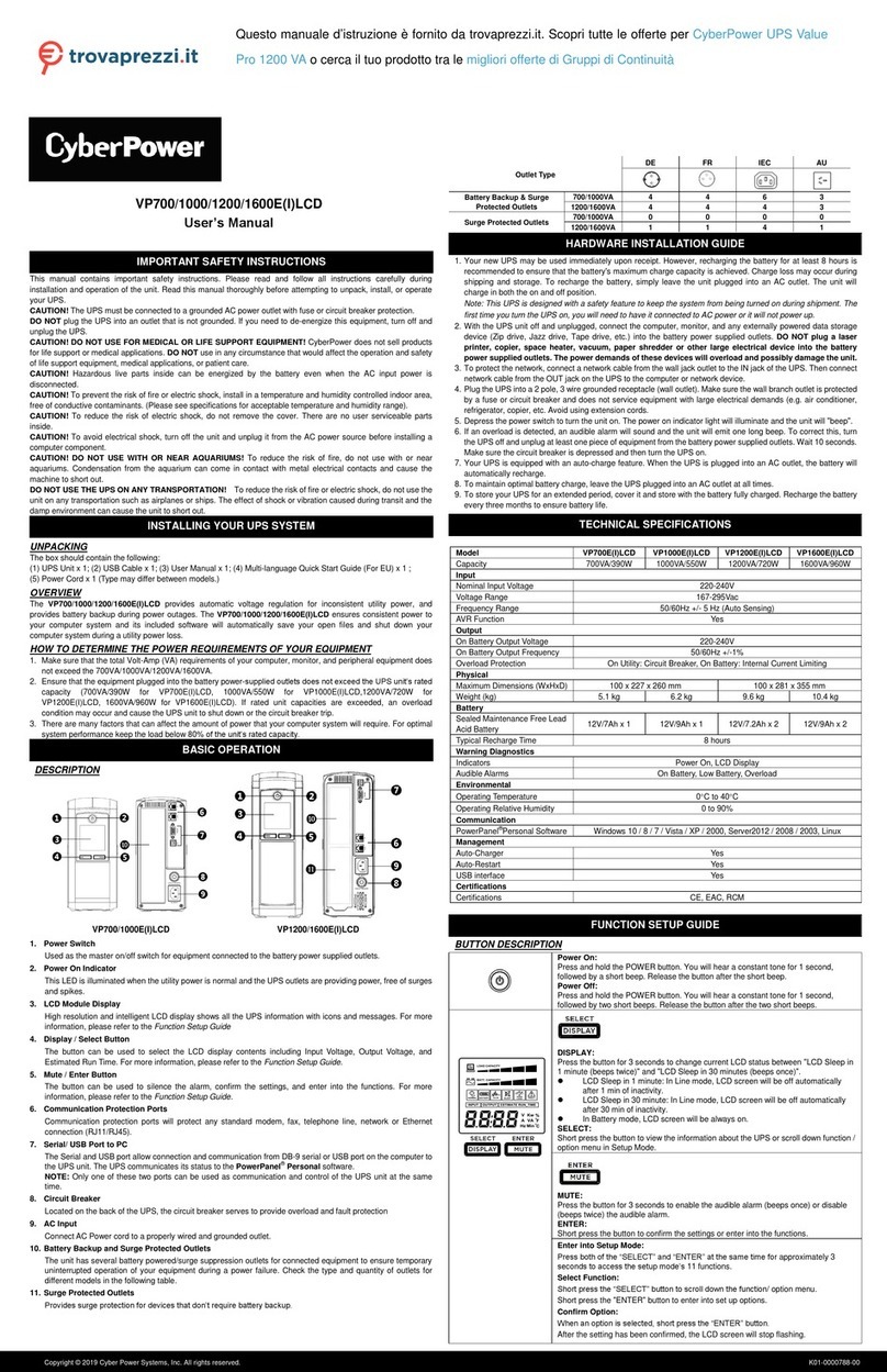 CyberPower Pro VP1000ELCD User manual