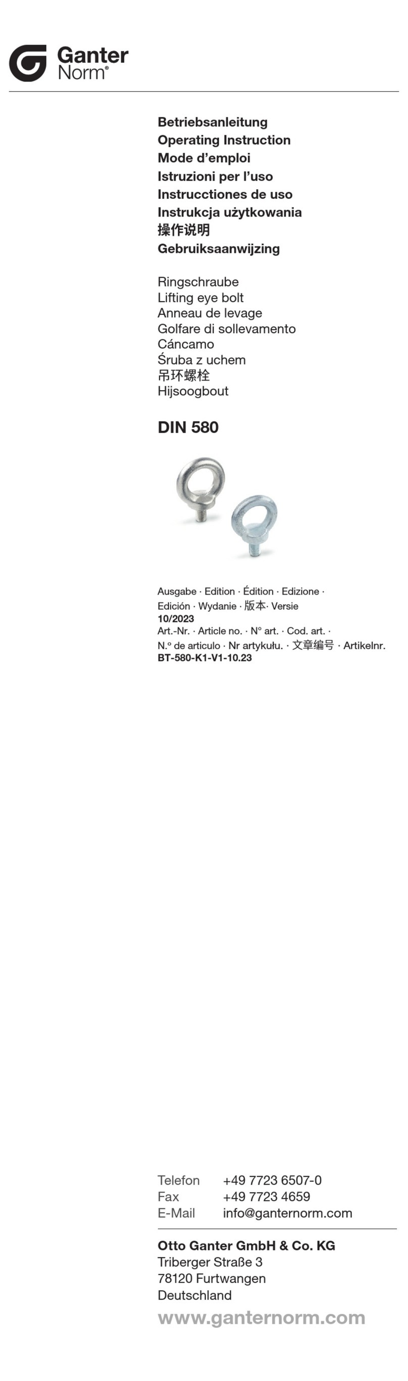 Ganter Norm DIN 580 Operating	 instruction