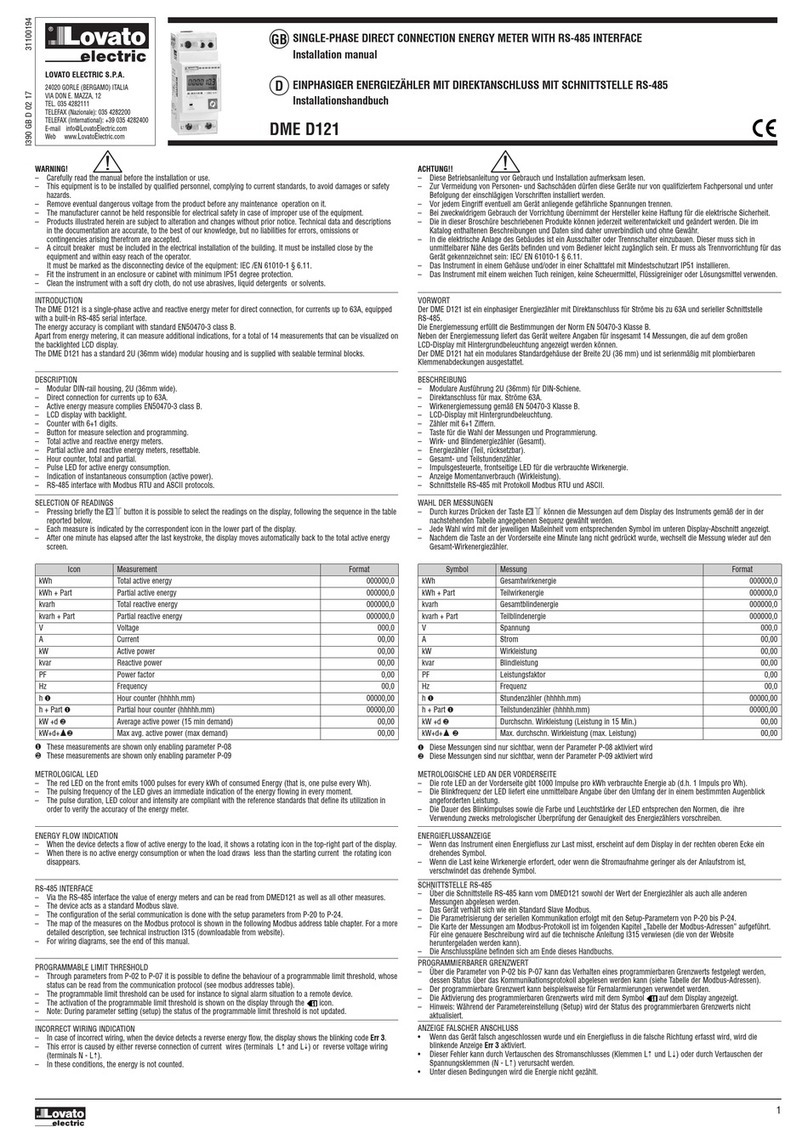 LOVATO ELECTRIC DME D121 installation manual