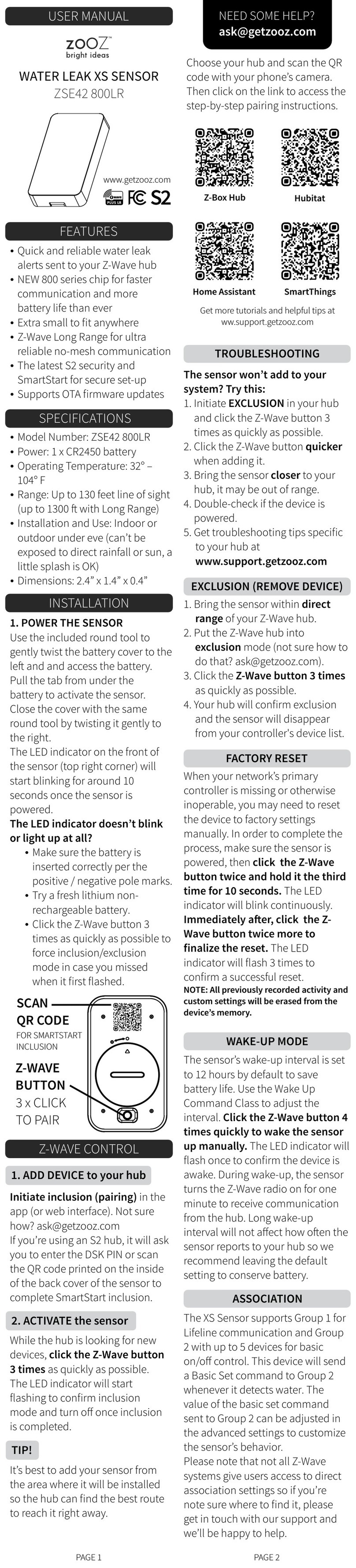ZooZ ZSE42 800LR user manual