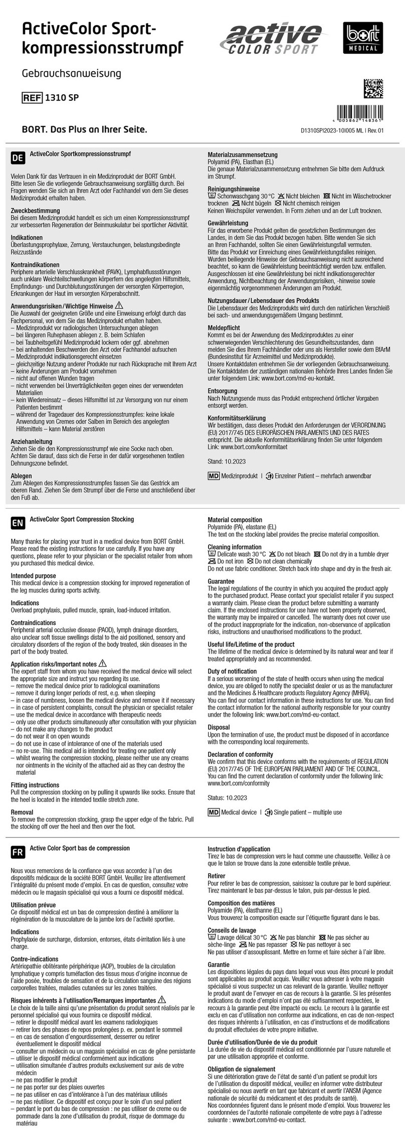 bort medical active COLOR SPORT quick start guide