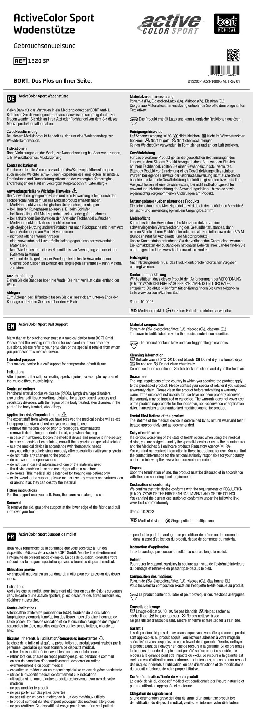 bort medical active COLOR SPORT quick start guide