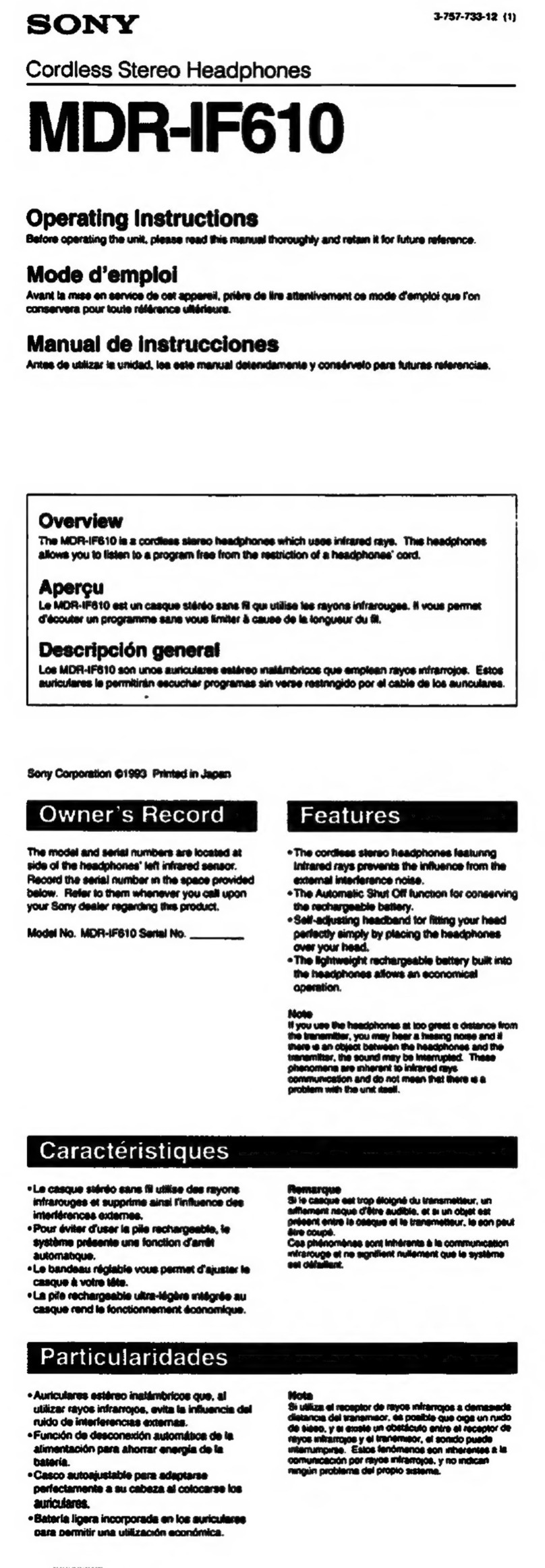 Sony MDR-IF610 operating instructions
