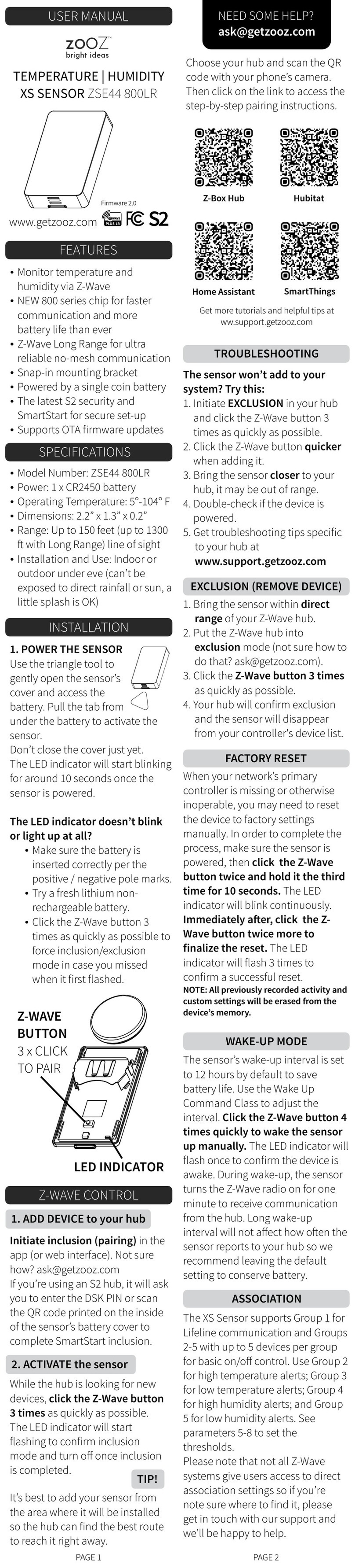 ZooZ ZSE44 800LR user manual