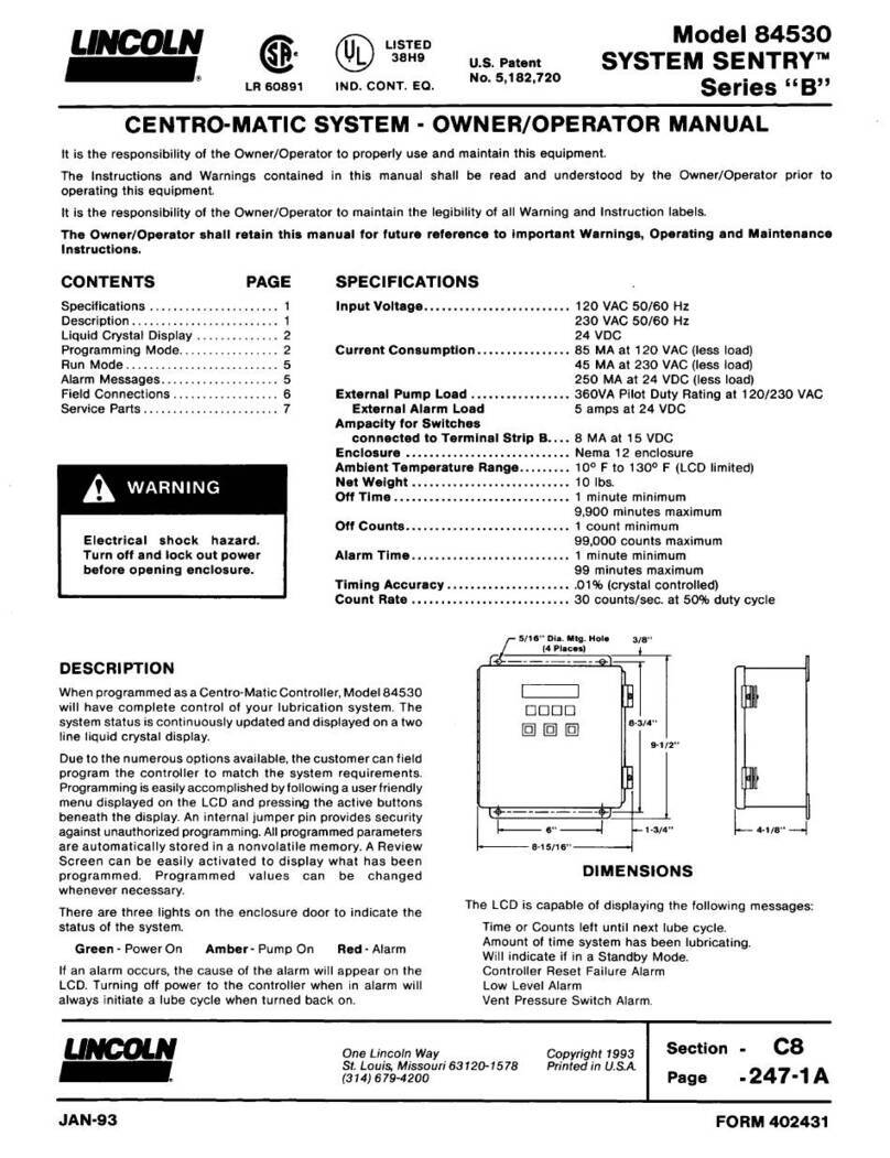 Lincoln CENTRO-MATIC SYSTEM SYSTEM SENTRY B Series Owner's/operator's manual