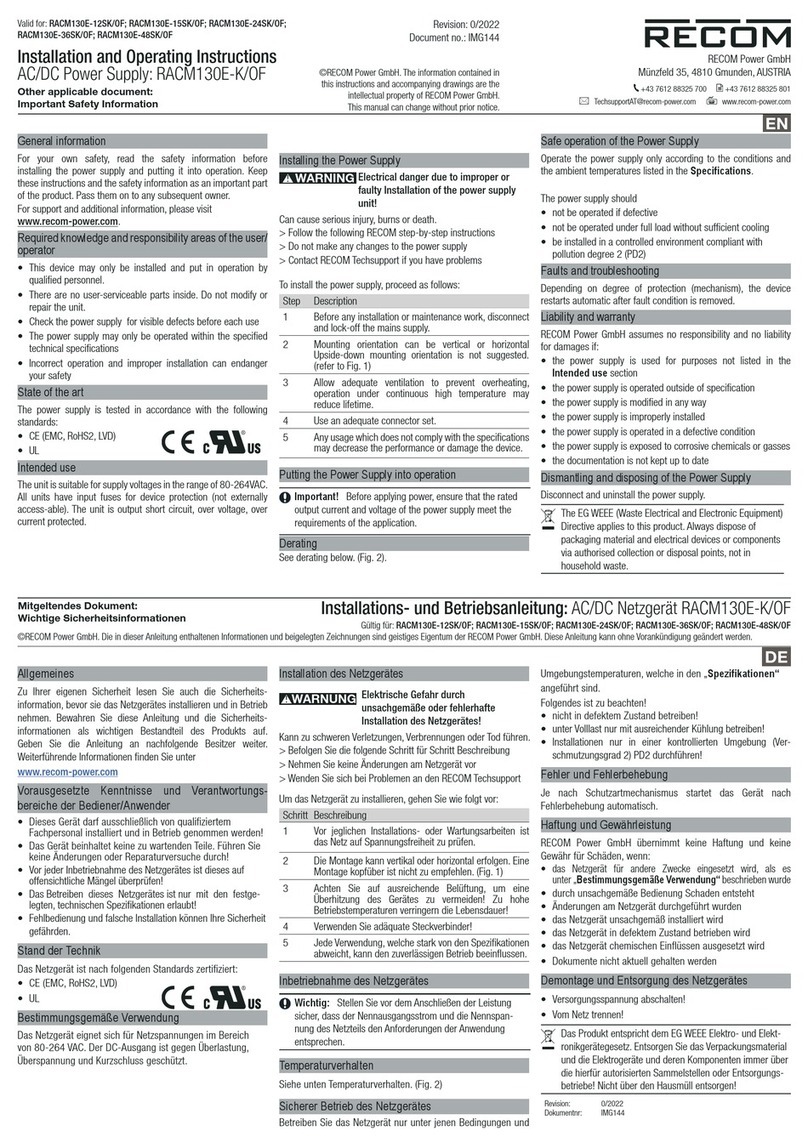 Recom RACM130E-K/OF Installation and operating instructions