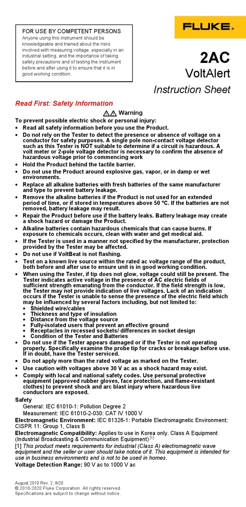 Fluke VoltAlert 2AC instruction sheet