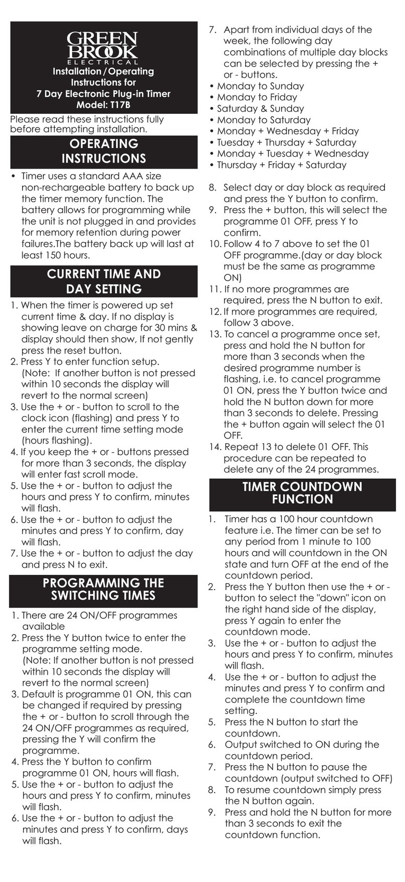 Green Brook T17B Installation & operating instructions