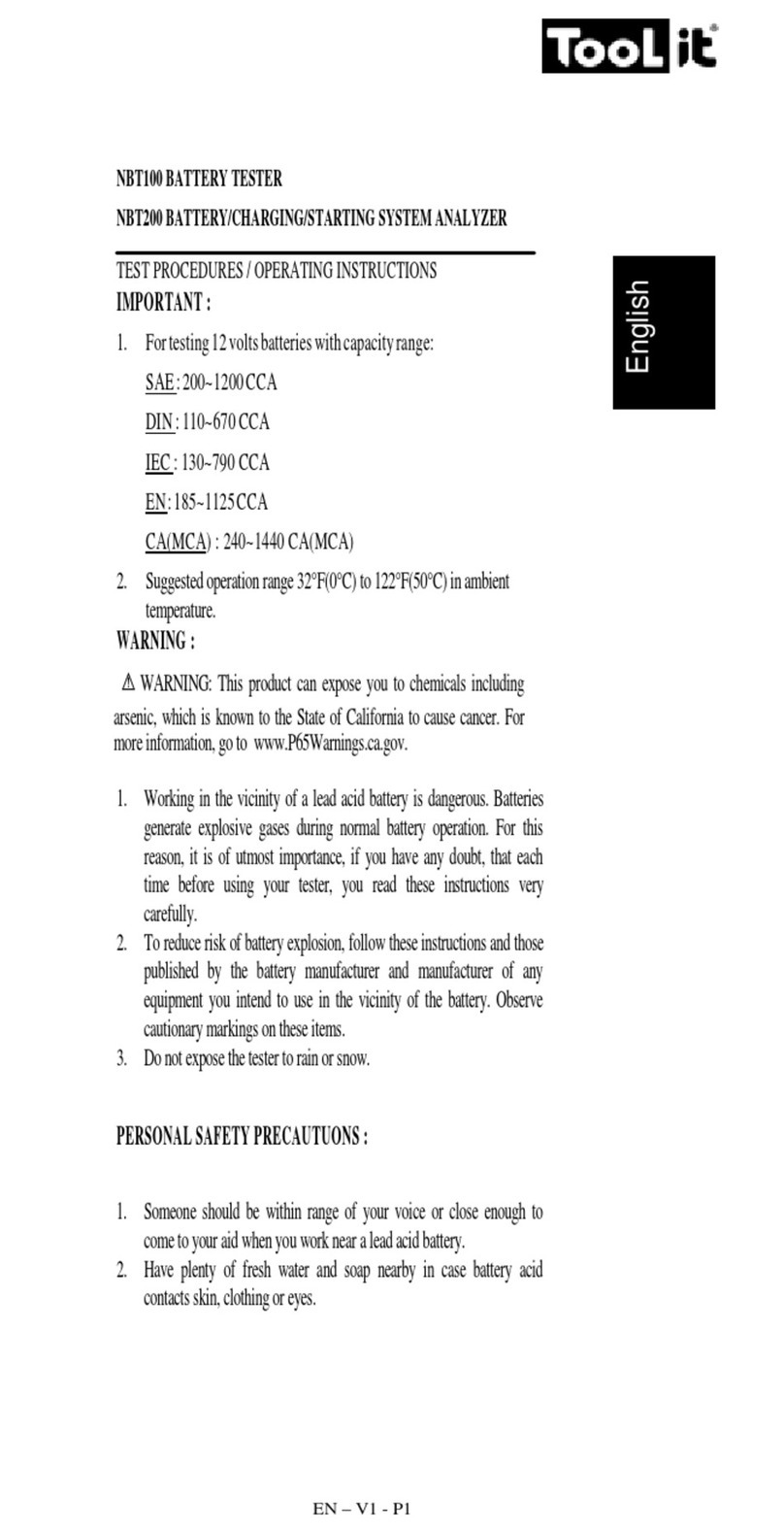 Tool it NBT100 TEST PROCEDURES / OPERATING INSTRUCTIONS