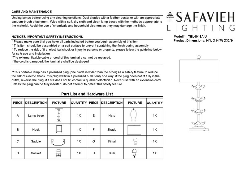 Safavieh Lighting LANI TBL4016A-U quick start guide Safavieh Lighting LANI TBL4016A-U quick start guide