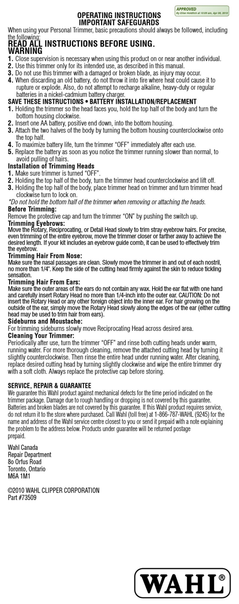 Wahl 73509 operating instructions