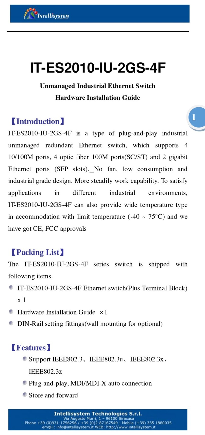 Intellisystem IT-ES2010-IU-2GS-4F Series Manual Intellisystem IT-ES2010-IU-2GS-4F Series Manual