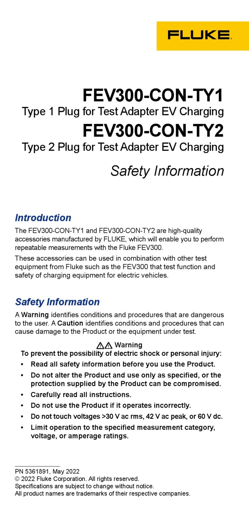Fluke FEV300-CON-TY1 Safety information