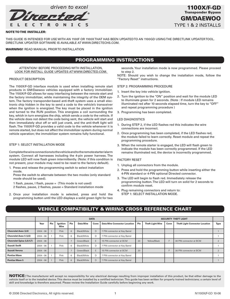 Directed Electronics 1100X/F-GD Programming instructions