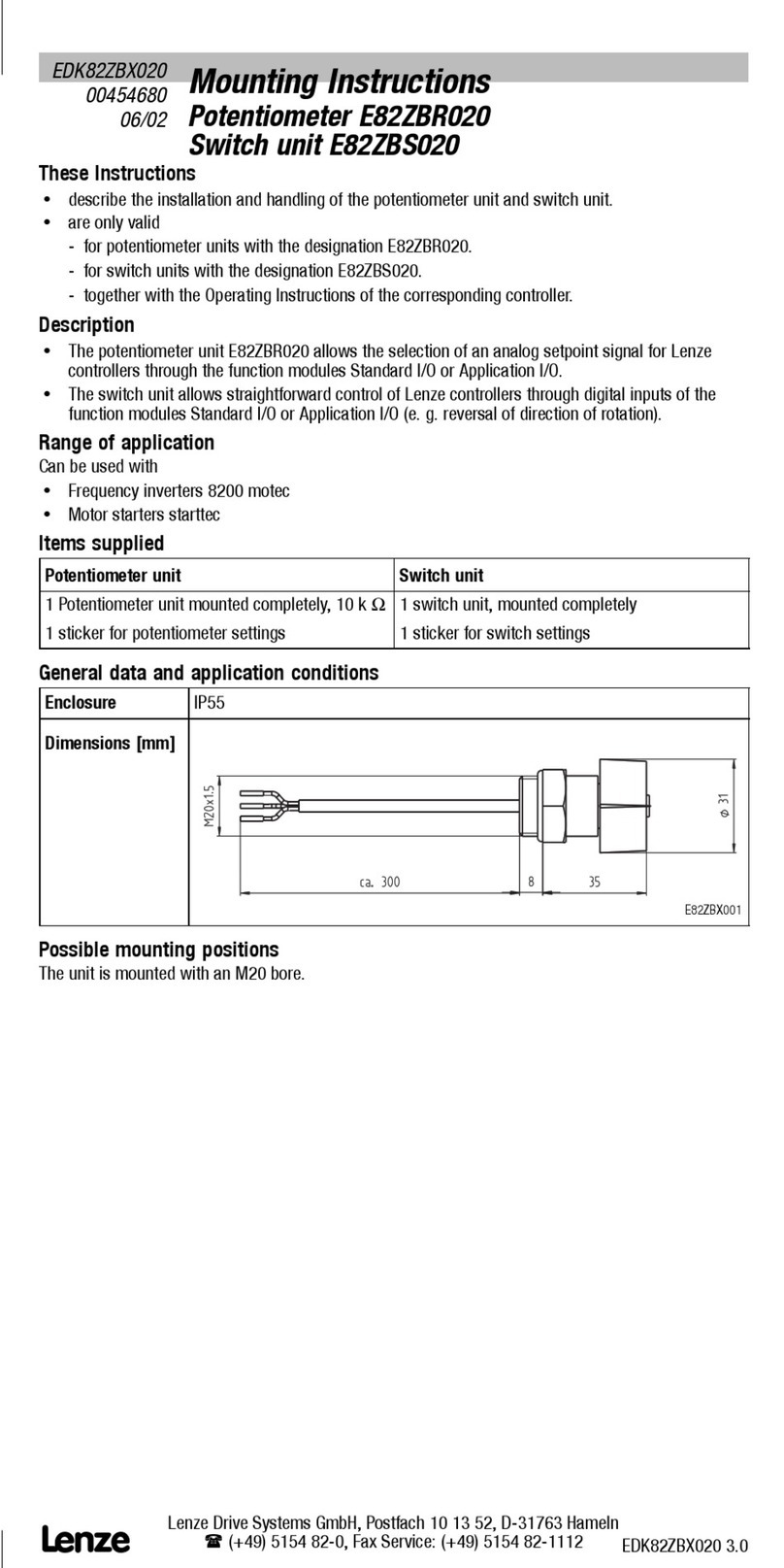 Lenze E82ZBR020 Mounting instructions