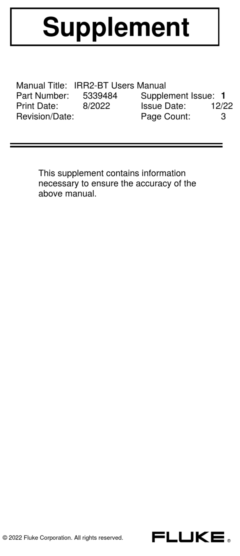 Fluke IRR2-BT User manual Fluke IRR2-BT User manual