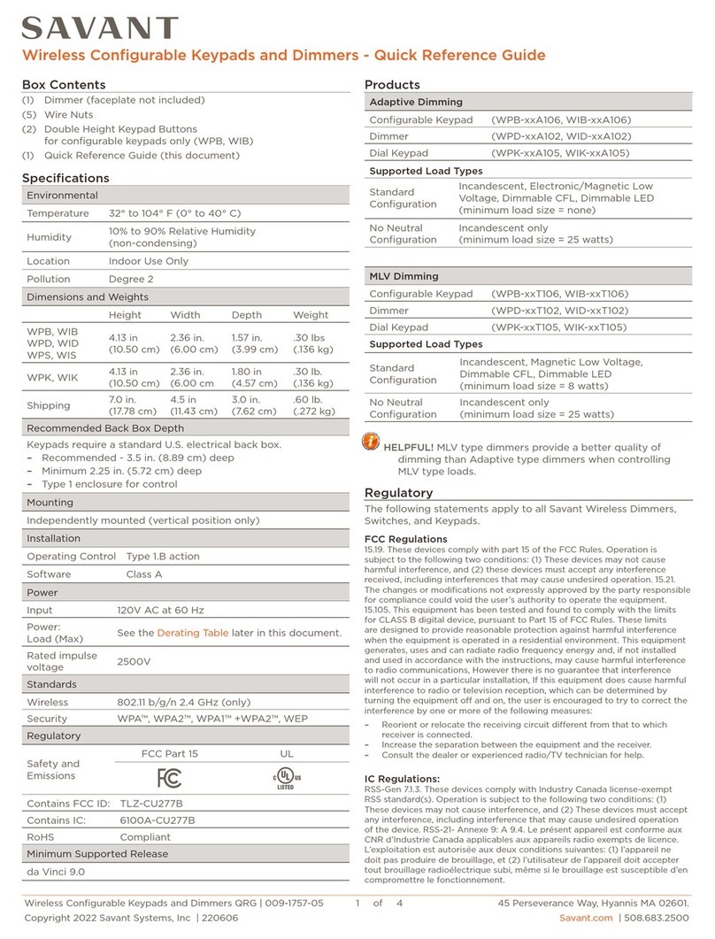 Savant WPB 106 Series Quick reference guide
