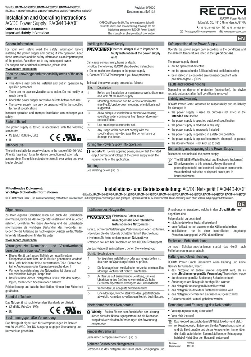 Recom RACM40-05SK/OF Installation and operating instructions Recom RACM40-05SK/OF Installation and operating instructions