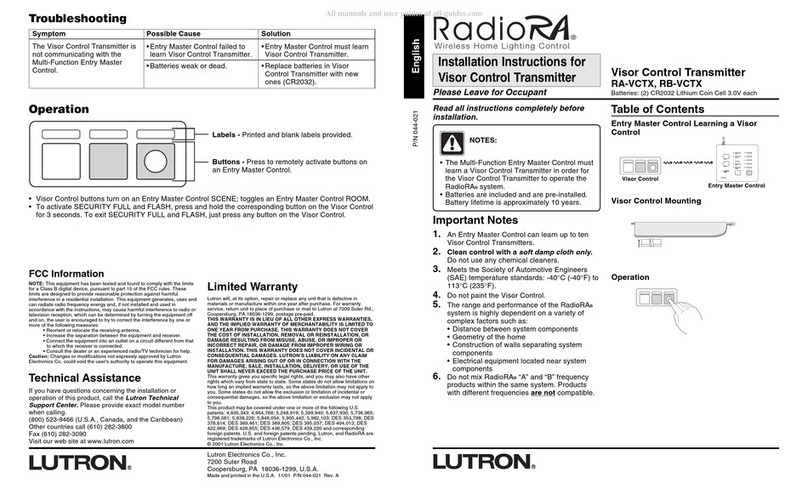 Lutron Electronics RA-VCTX installation instructions Lutron Electronics RA-VCTX installation instructions
