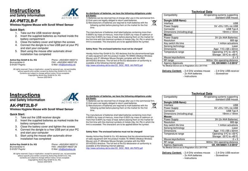 Active Key AK-PMT2LB-F Instructions and Safety Information