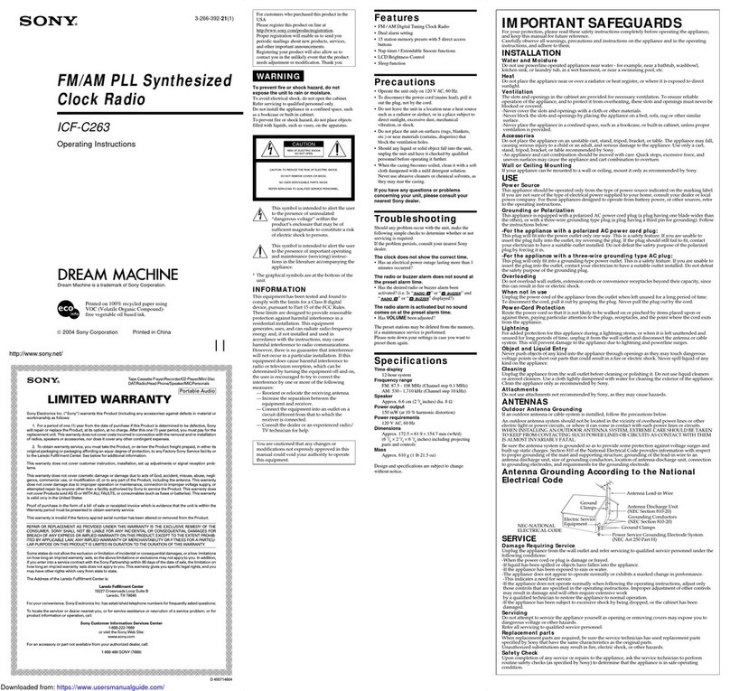 Sony DREAM MACHINE ICF-C263 operating instructions