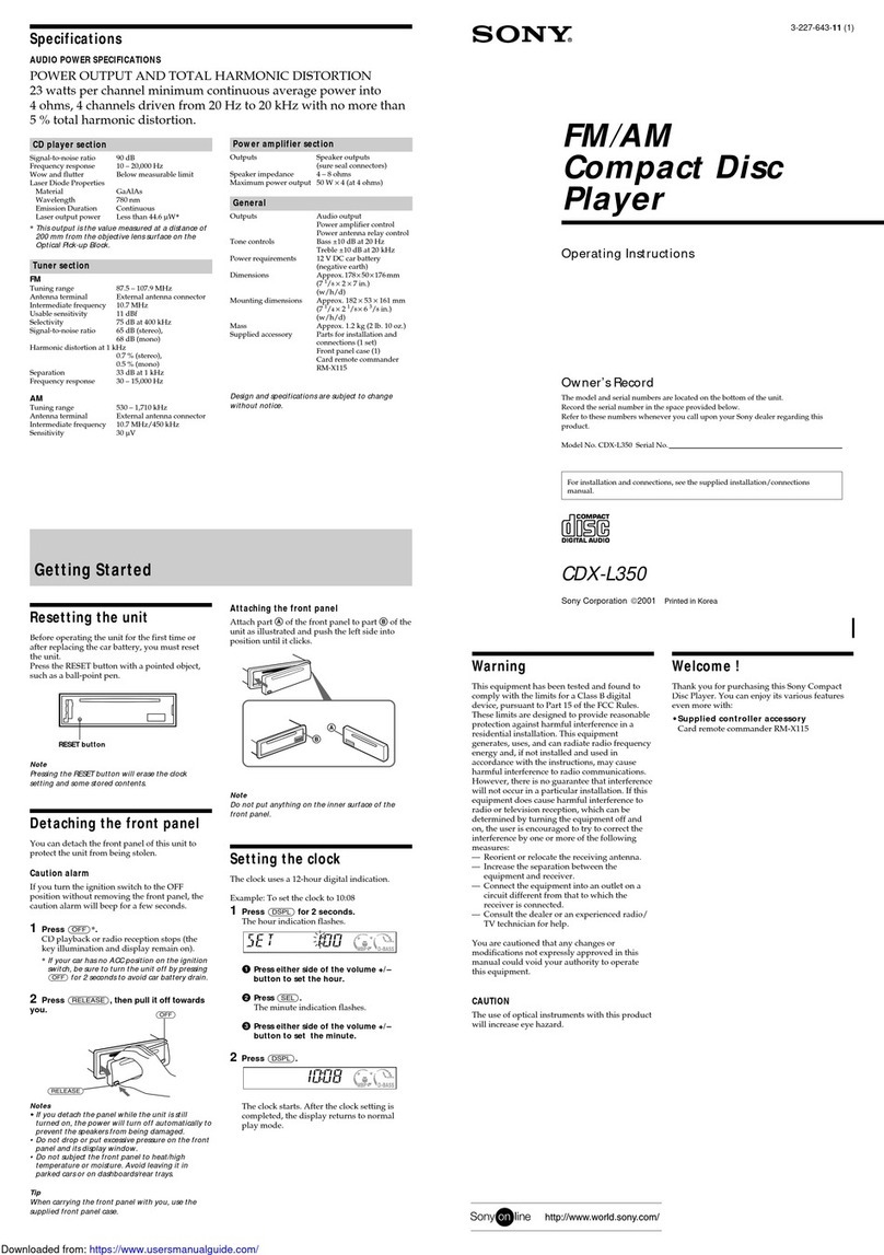 Sony CDX-L350 - Fm/am Compact Disc Player User manual
