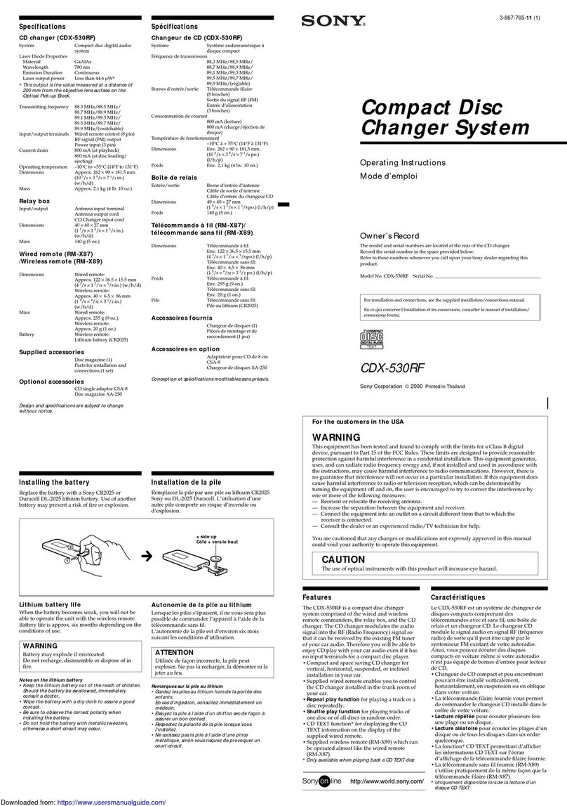 Sony CDX-530RF - Compact Disc Changer System User manual