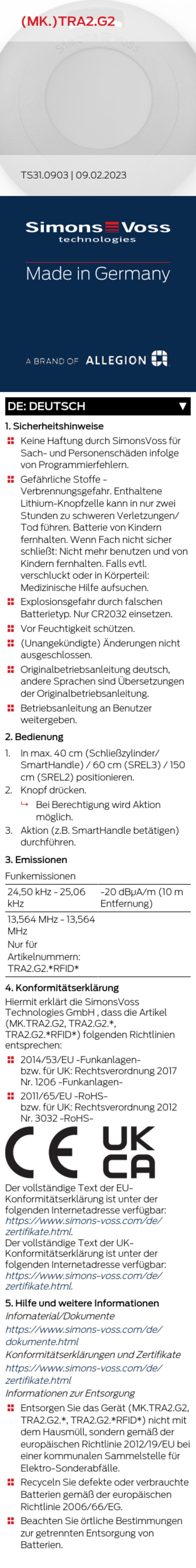 Allegion Simons Voss TRA2.G2 User manual
