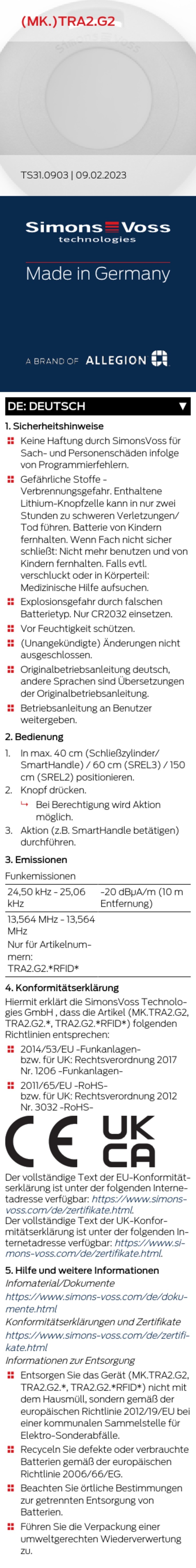 Allegion SimonsVoss TRA2.G2 User manual