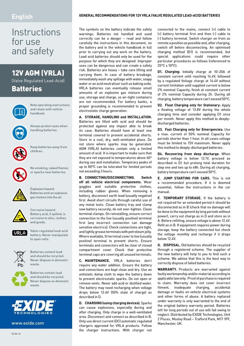 Exide 12V AGM VRLA Instructions for use and safety