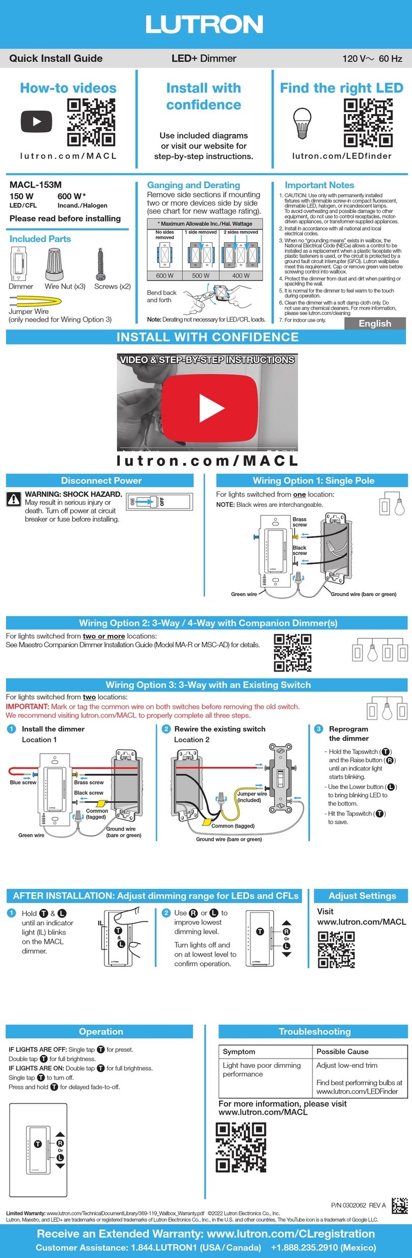 Lutron Electronics MACL-153M User manual