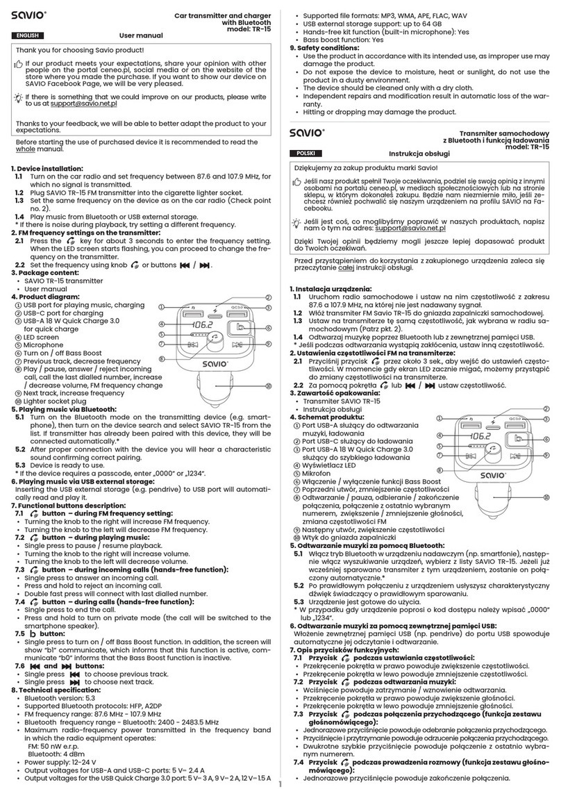 Savio TR-15 user manual