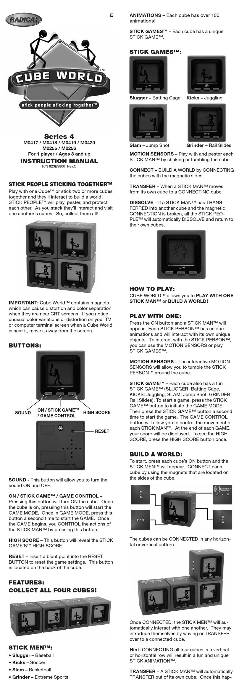 Radica Games CUBE WORLD stick people sticking together 4... instruction manual