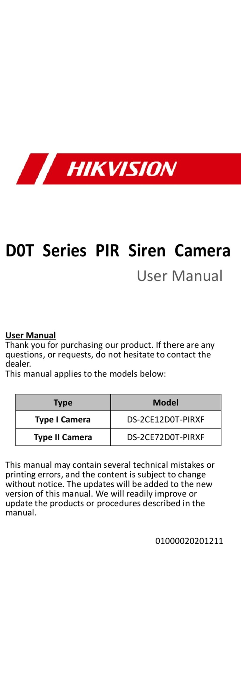 HIK VISION DS-2CE12D0T-PIRXF user manual