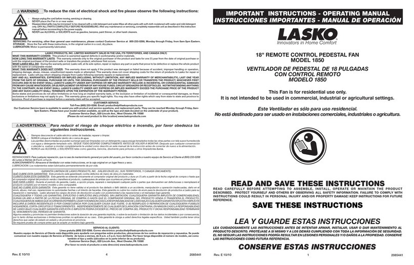 Lasko 1850 Important instructions & operating manual