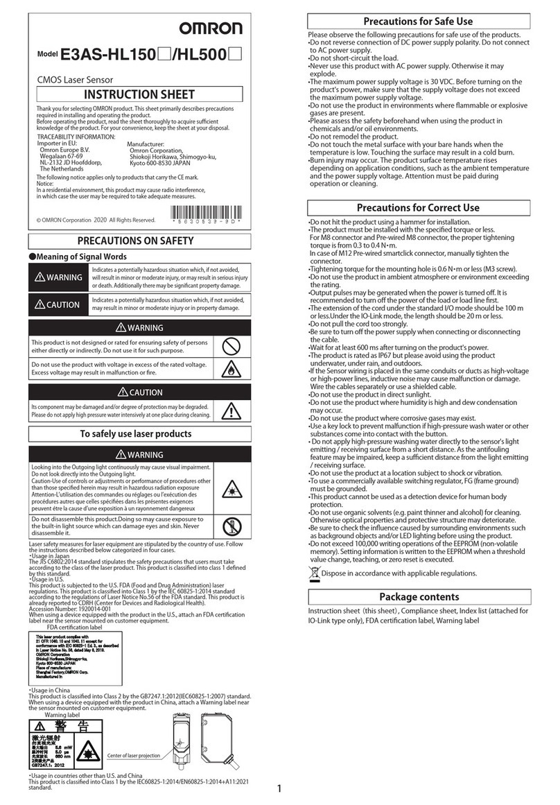 Omron E3AS-HL500MT 2M User manual Omron E3AS-HL500MT 2M User manual