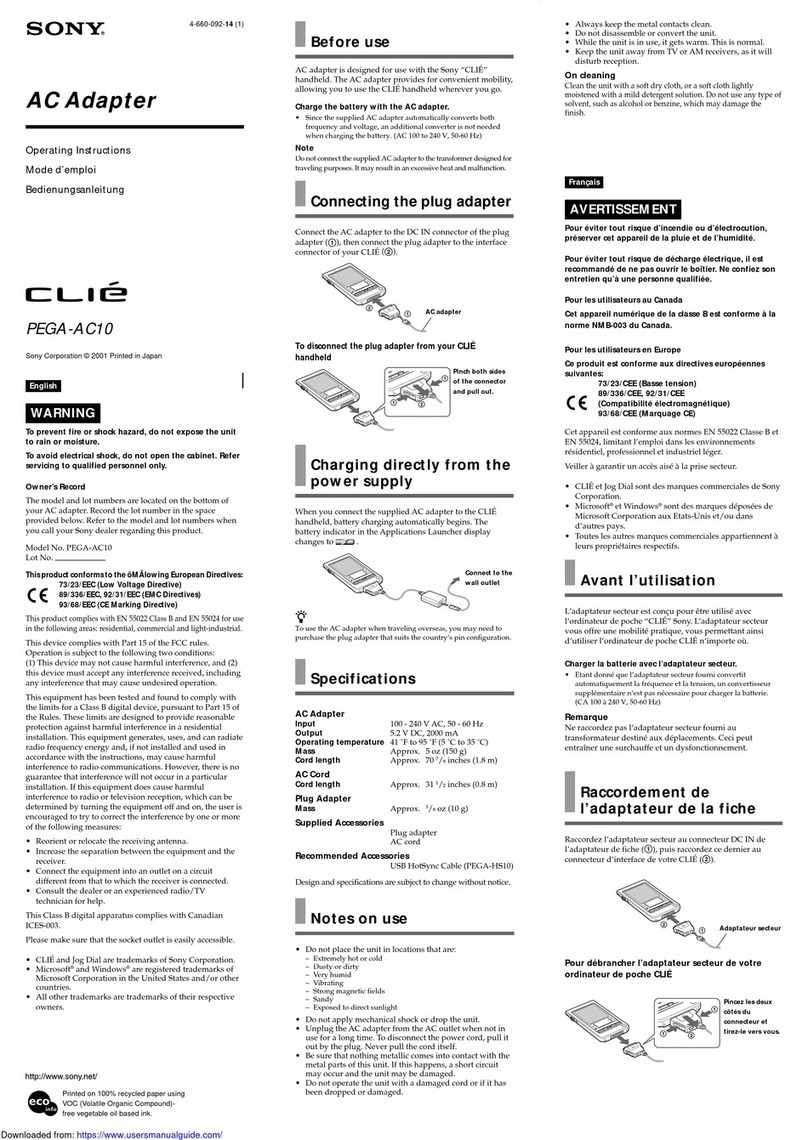 Sony CLIE PEGA-AC10 operating instructions
