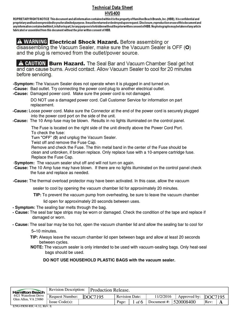 Hamilton Beach HVS400 Technical data sheet