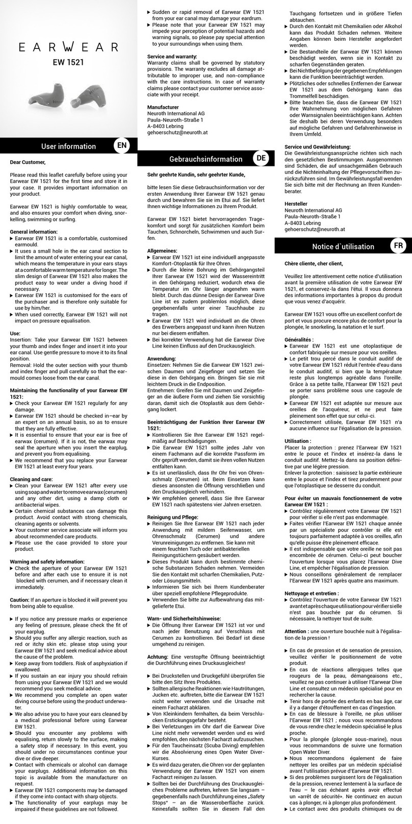 Earwear EW 1521 User information