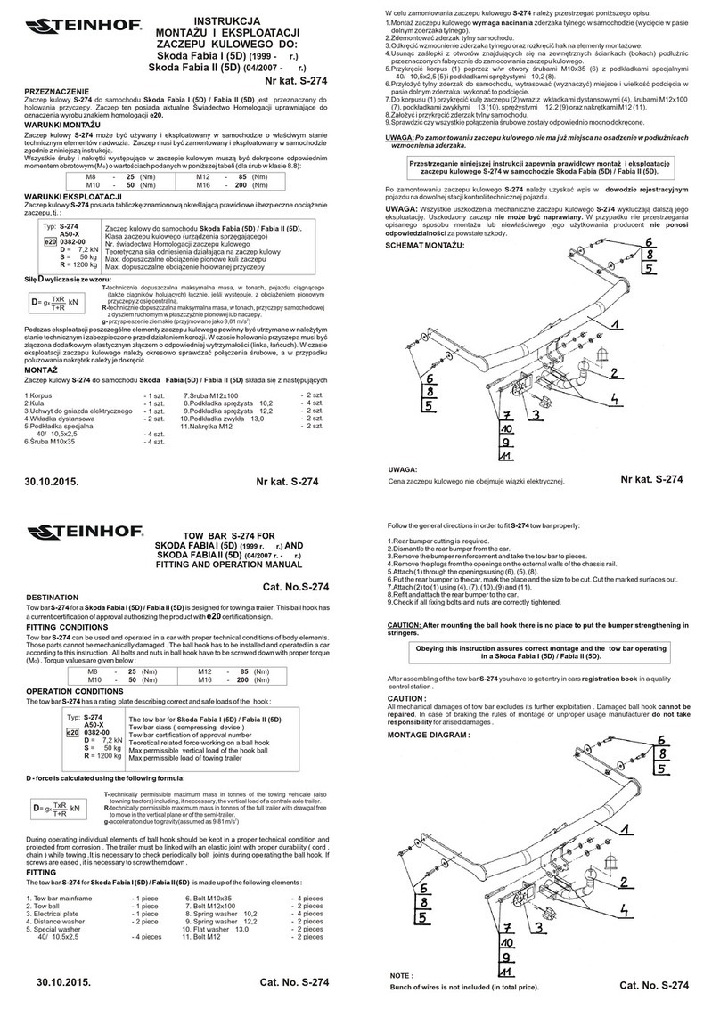 Steinhof S-274 FITTING AND OPERATION MANUAL Steinhof S-274 FITTING AND OPERATION MANUAL