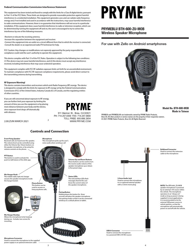 PRYME PRYMEBLU BTH-600-ZU-MOB manual