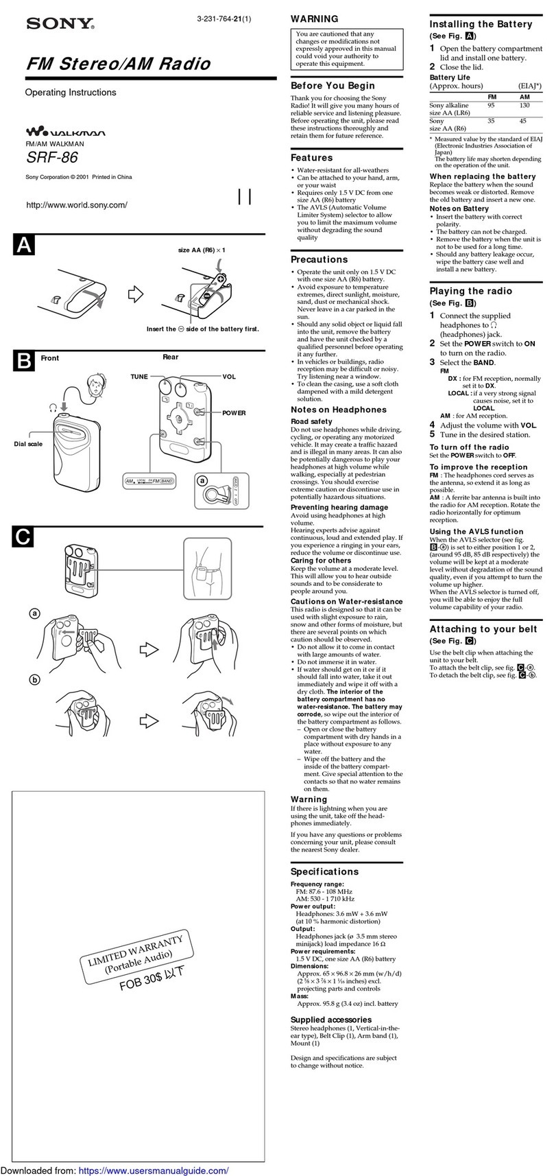 Sony WALKMAN SRF-86 User manual