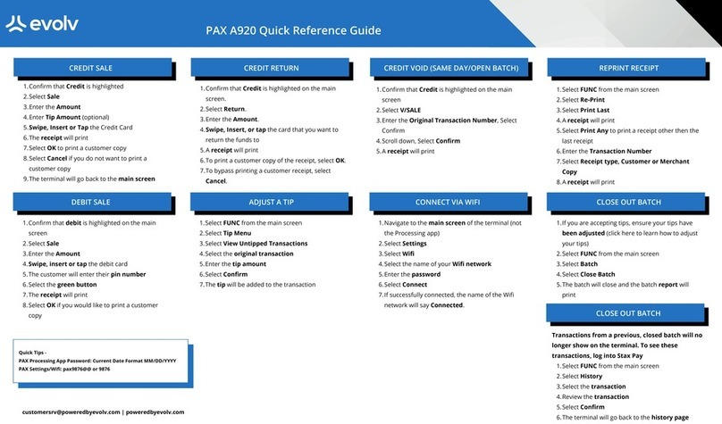 EVOLV PAX A920 Quick reference guide