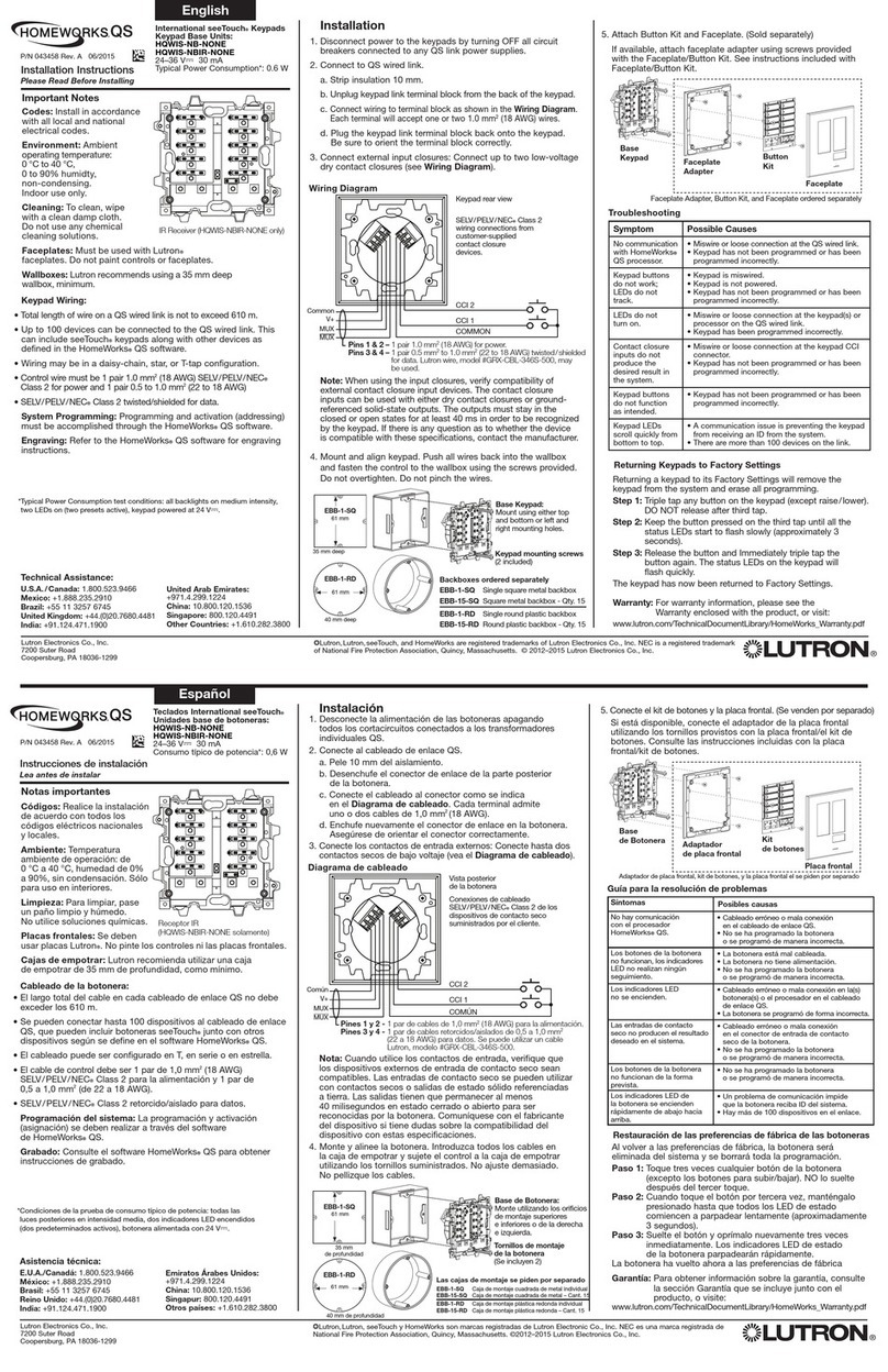 Lutron Electronics HOMEWORKS QS seeTouch HQWIS-NB-NONE User manual