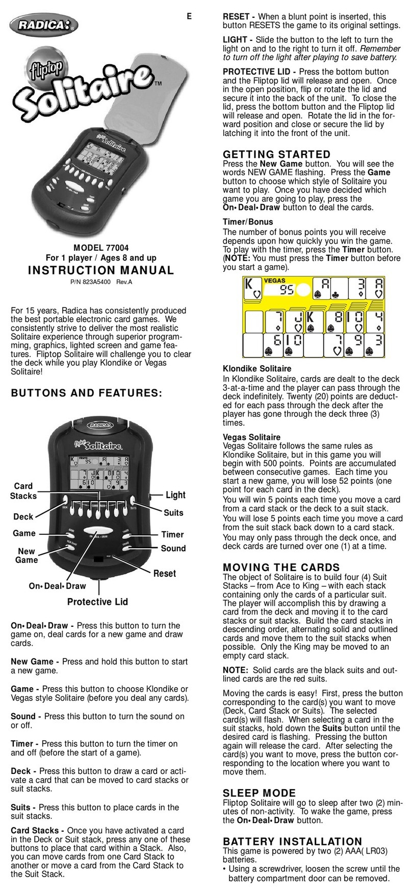 Radica Games Fliptop Soliraire 77004 instruction manual Radica Games Fliptop Soliraire 77004 instruction manual