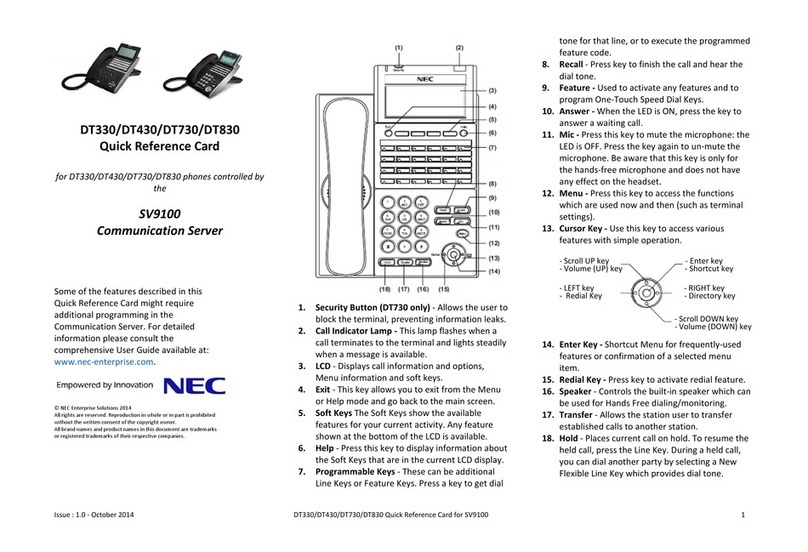 NEC DT330 Quick reference card