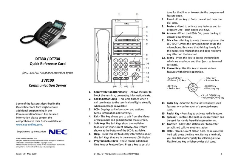 NEC DT330 Quick reference card