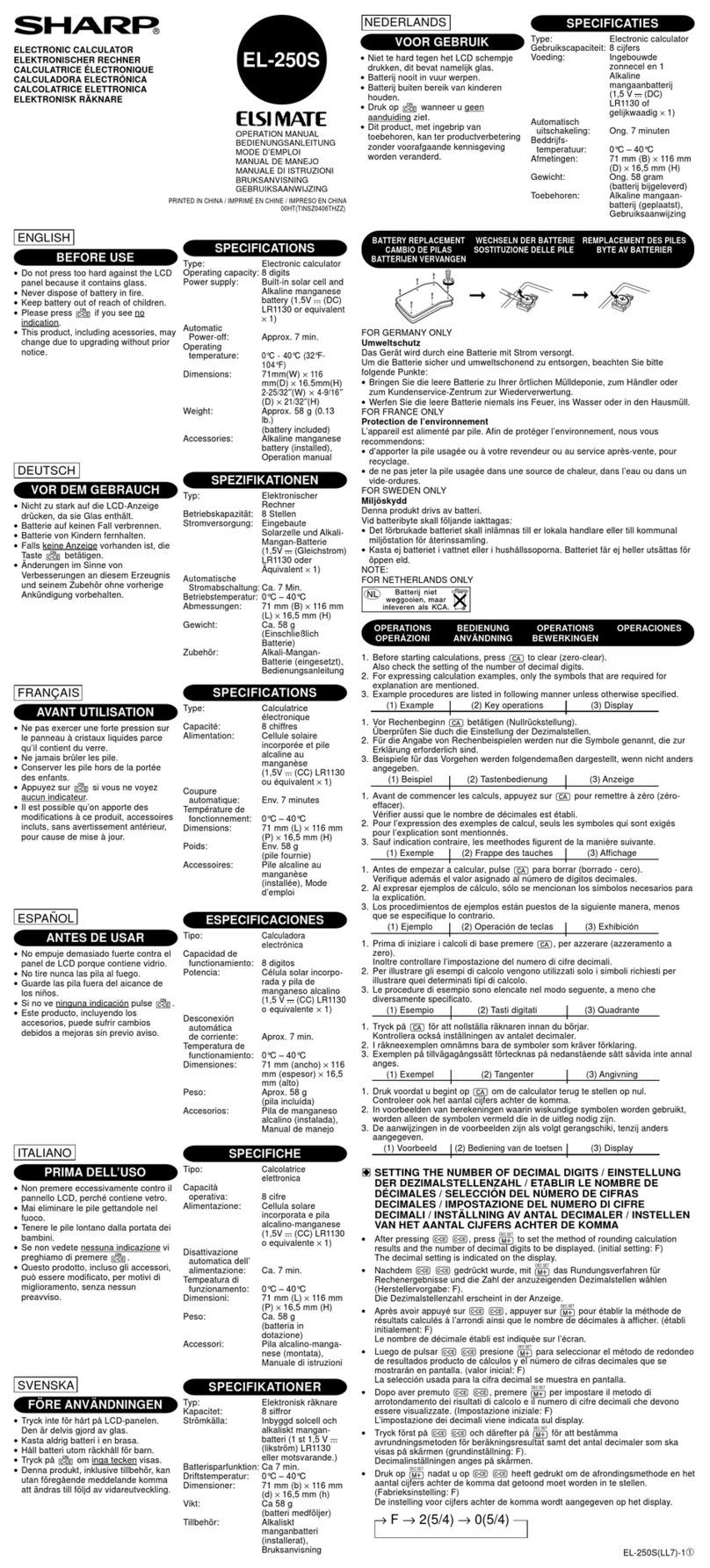 Sharp ELSIMATE EL-250S Operation manual