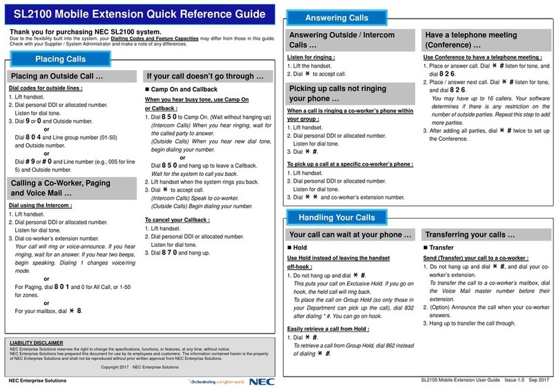 NEC UNIVERGE SL2100 Quick reference guide